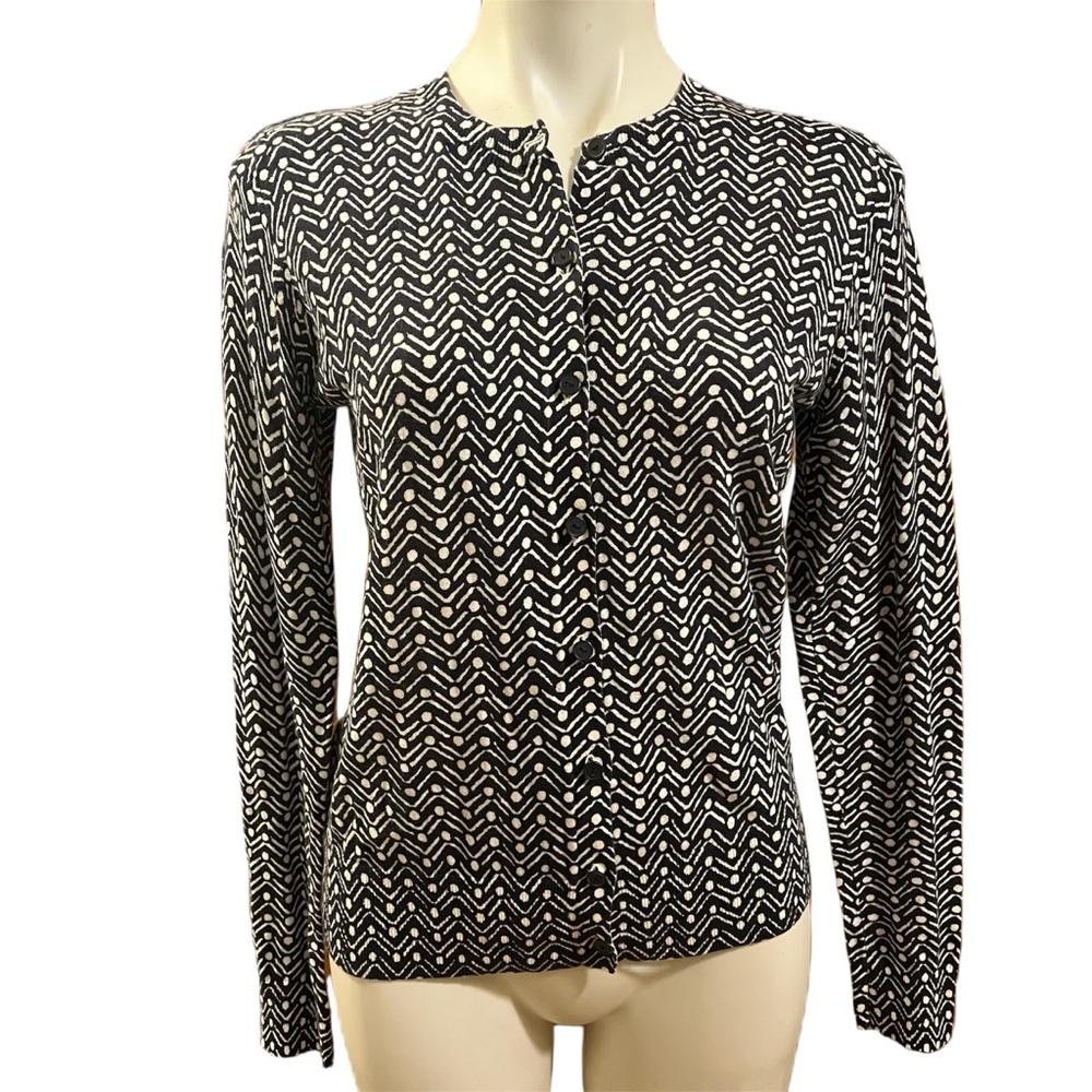 Ann Taylor Loft Women's Zig Zag Polka Dot Black White Button-Up Cardigan M